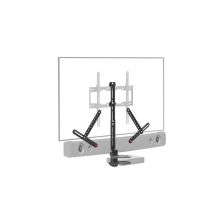 soporte de doble brazo para tv plana de 13" a 80" y barra de sonido.